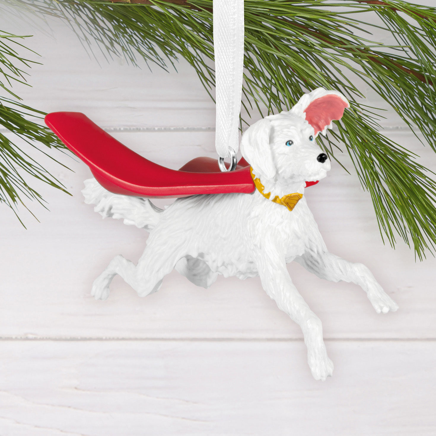 Superman White Dog Christmas Ornament hanging on tree image number 2