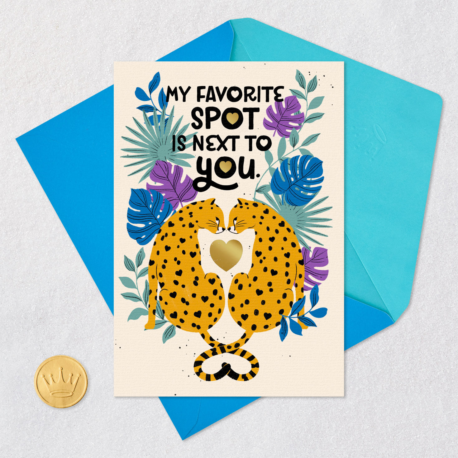 Jungle Cat Couple Romantic Birthday Card for Him Card Front with Envelope and Gold Seal image number 5