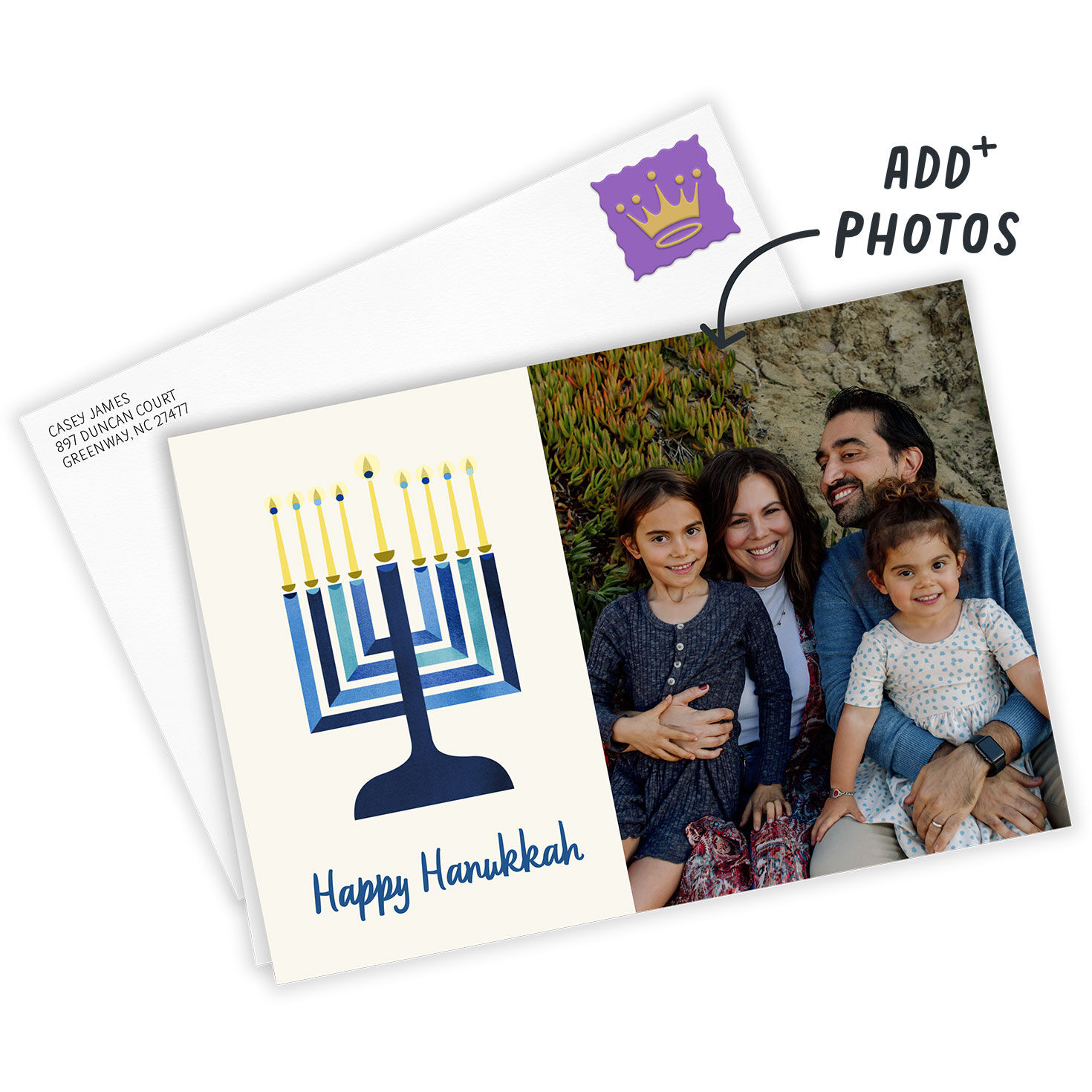 Blue Menorah With Candles Personalized Hanukkah Card Card Front indicating personalization image number 2