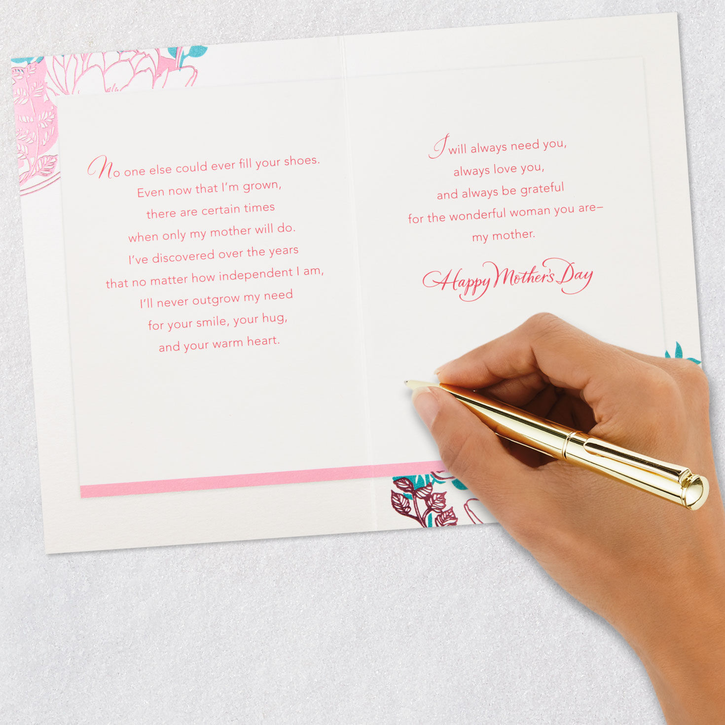 Pink Flowers and Gold Bird Mom Mother's Day Card Signing card image number 7