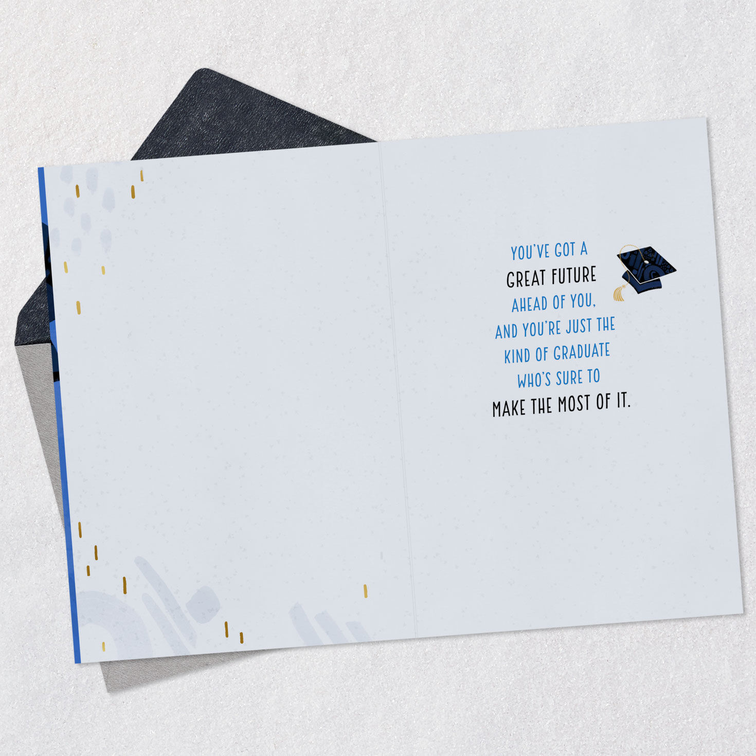 Grad Cap Blue and Silver Graduation Card for Him Open card with envelope image number 3