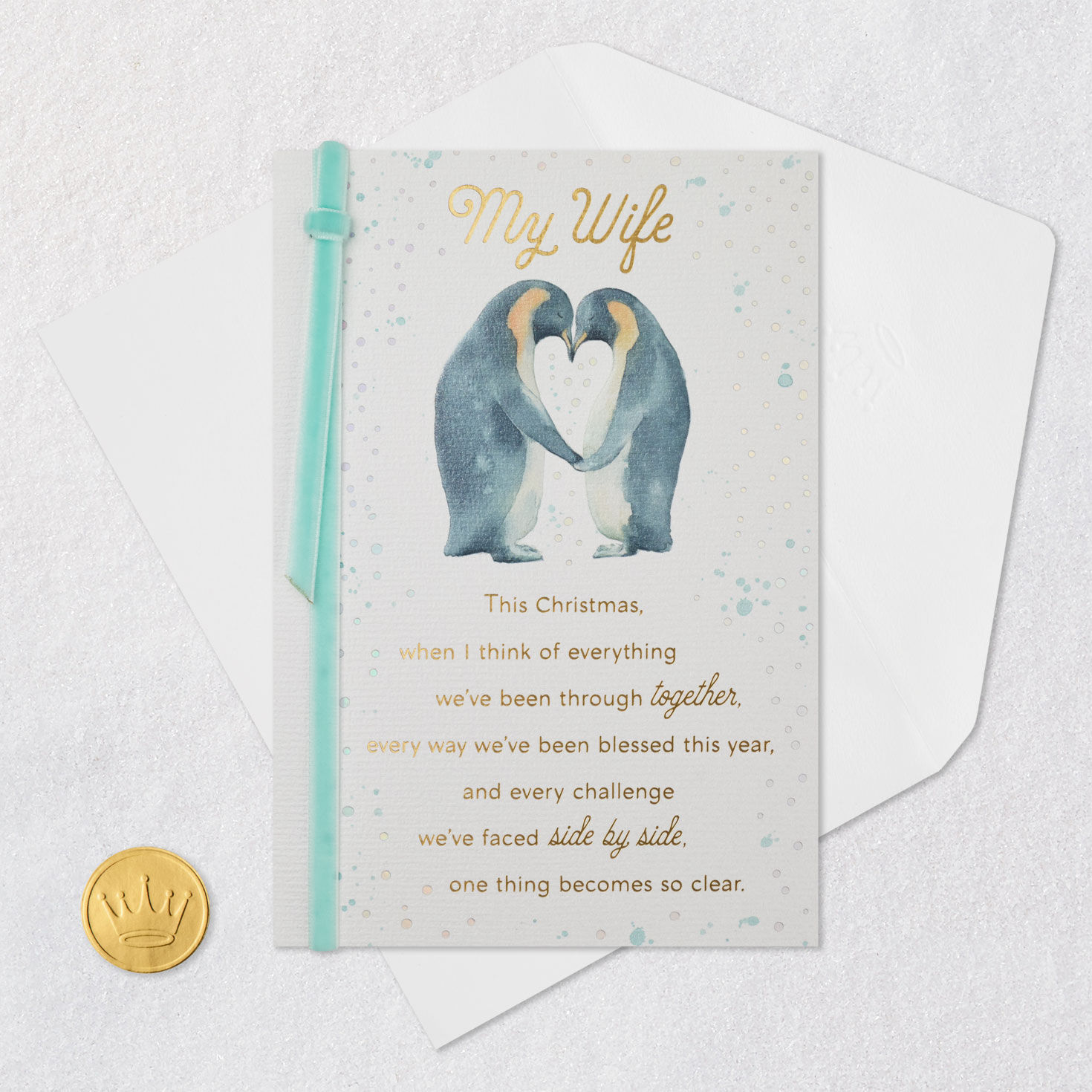 Penguins Romantic Christmas Card for Wife Card Front with Envelope and Gold Seal image number 6
