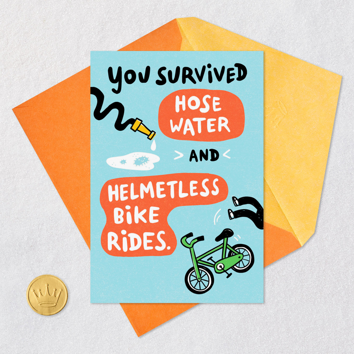 Hose Water and Helmetless Bikes Funny Birthday Card Card Front with Envelope and Gold Seal image number 5