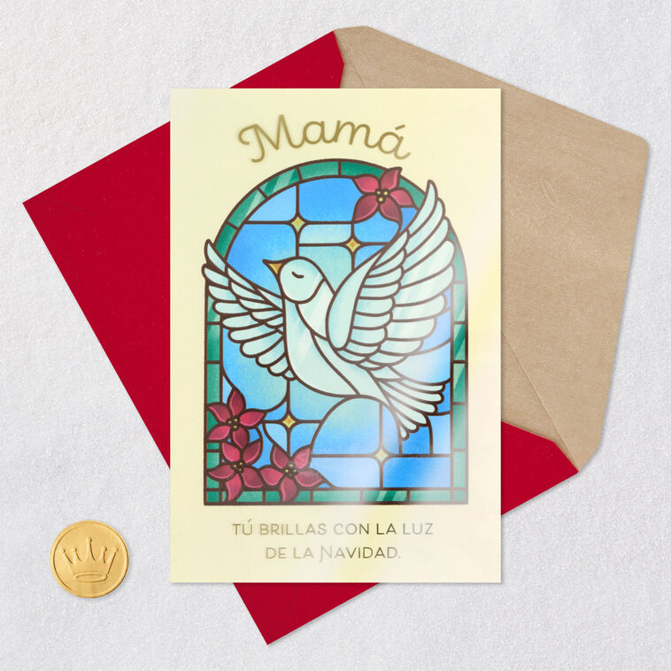 Stained Glass Window Dove Spanish Christmas Card for Mom Card Front with Envelope and Gold Seal image number 7