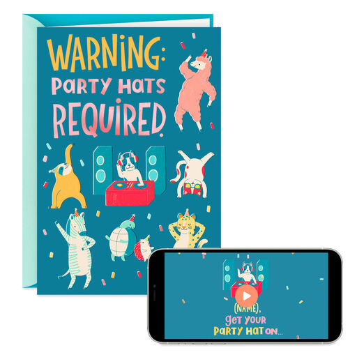 Party Hats Required Video Greeting Birthday Card, 