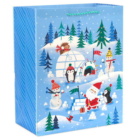13" North Pole Snowball Fight on Blue Large Christmas Gift Bag, , large