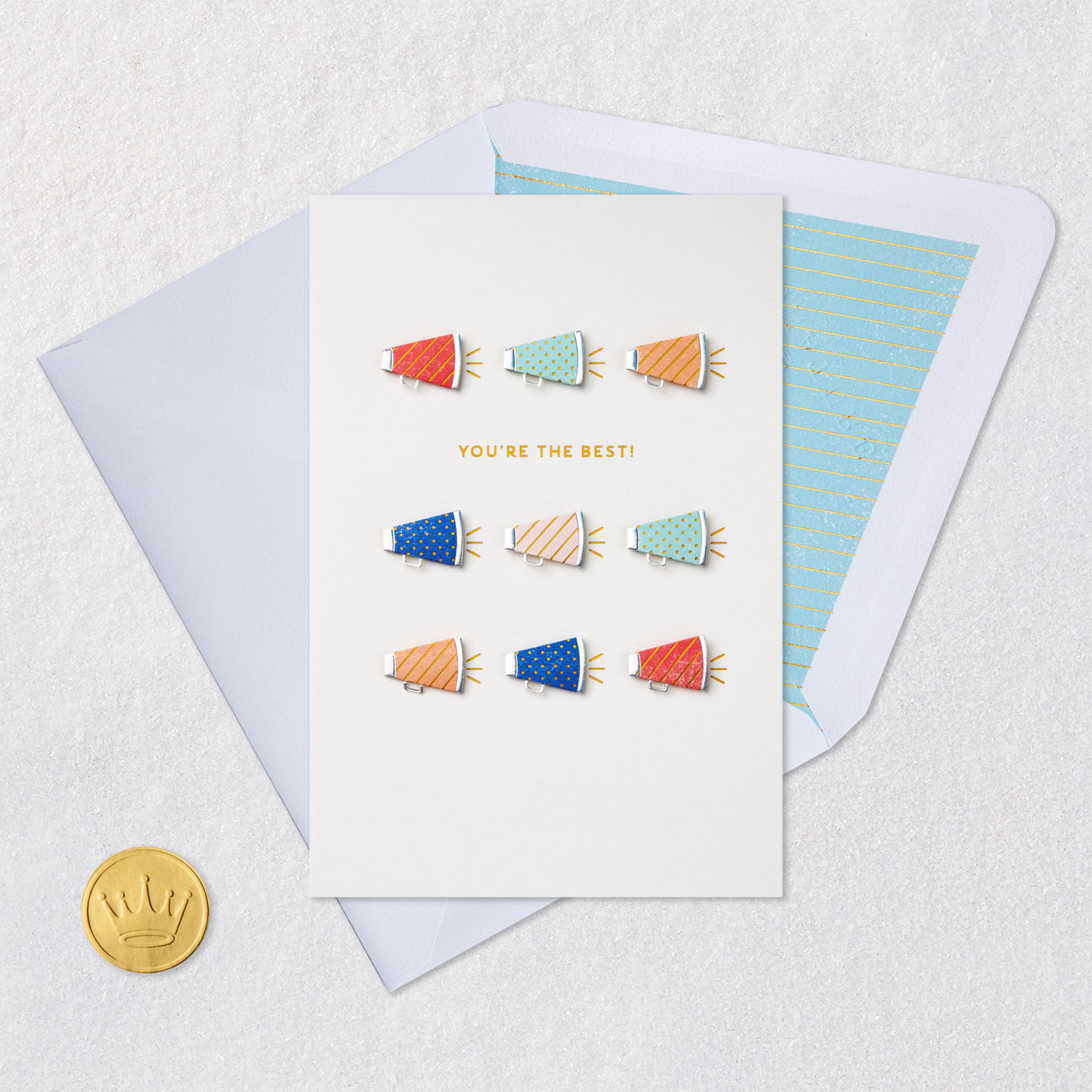 Rainbow Megaphones Appreciation Card Card Front with Envelope and Gold Seal image number 5
