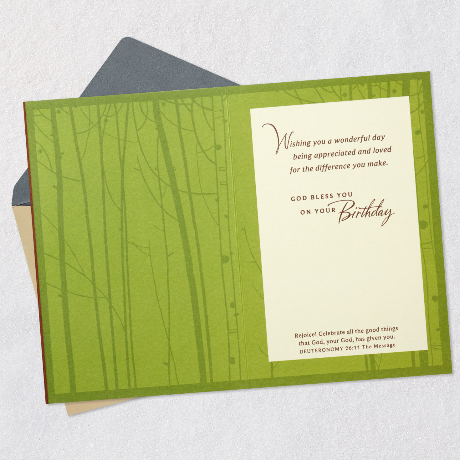 Green Woods Christian Birthday Card Open card with envelope image number 4