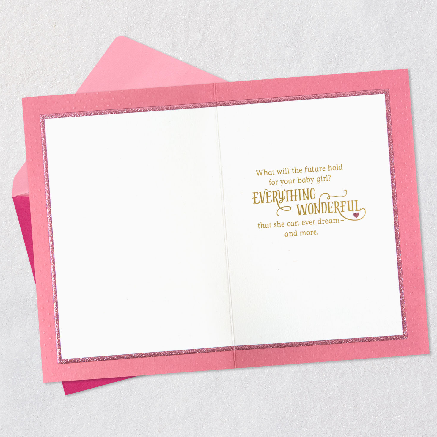 Pink Hearts and Banner New Baby Girl Card Open card with envelope image number 3