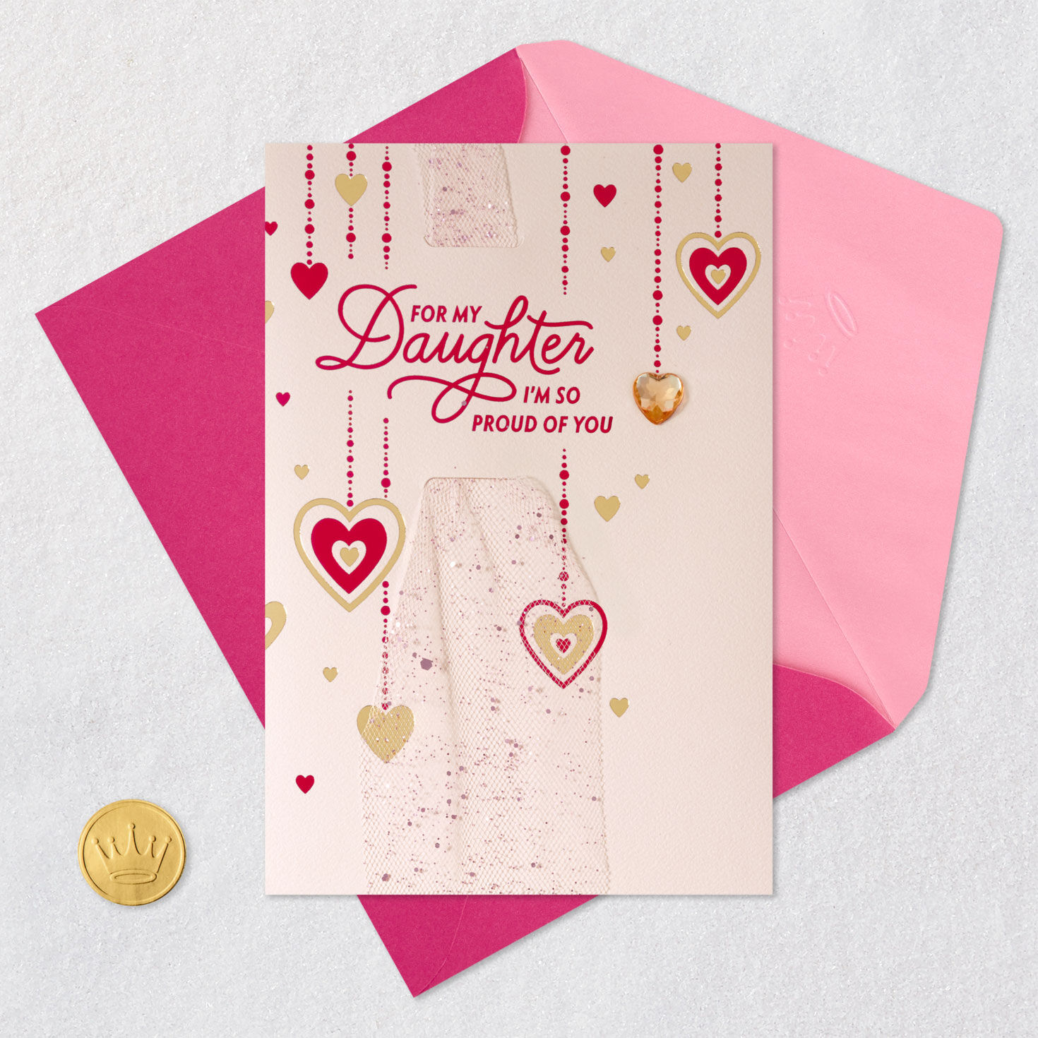 Red and Gold Hearts on Pink Daughter Valentine's Card Card Front with Envelope and Gold Seal image number 6