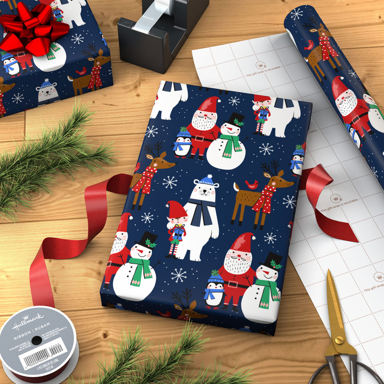 Santa and Friends on Navy Jumbo Christmas Gift Wrap in use image number 3