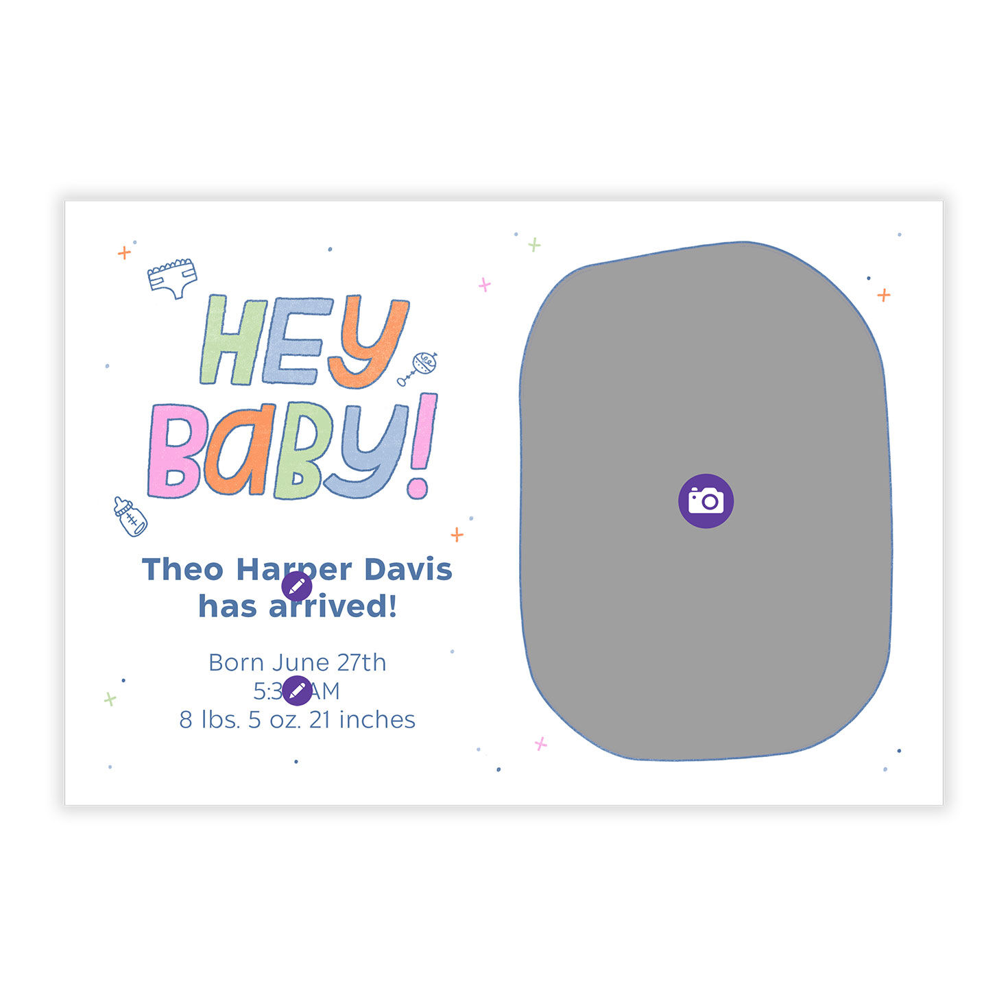 Casual Colored Letters Personalized Baby Announcement Card Front indicating personalization image number 5