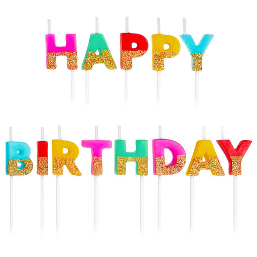 "Happy Birthday" Letters Colorful Birthday Candles, Set of 13, Rainbow Gold Glitter