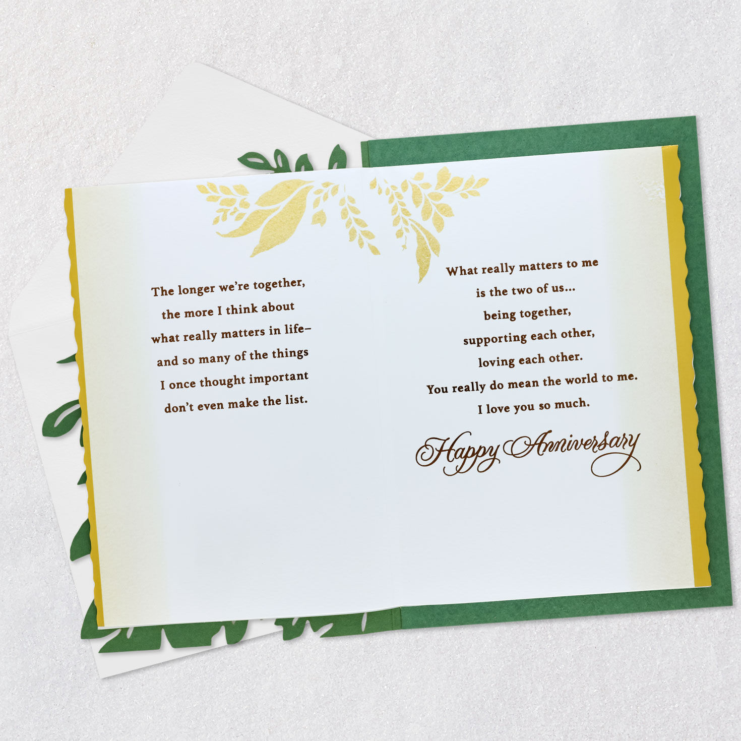 Green and Gold Leaves Our Anniversary Card Open card with envelope image number 4