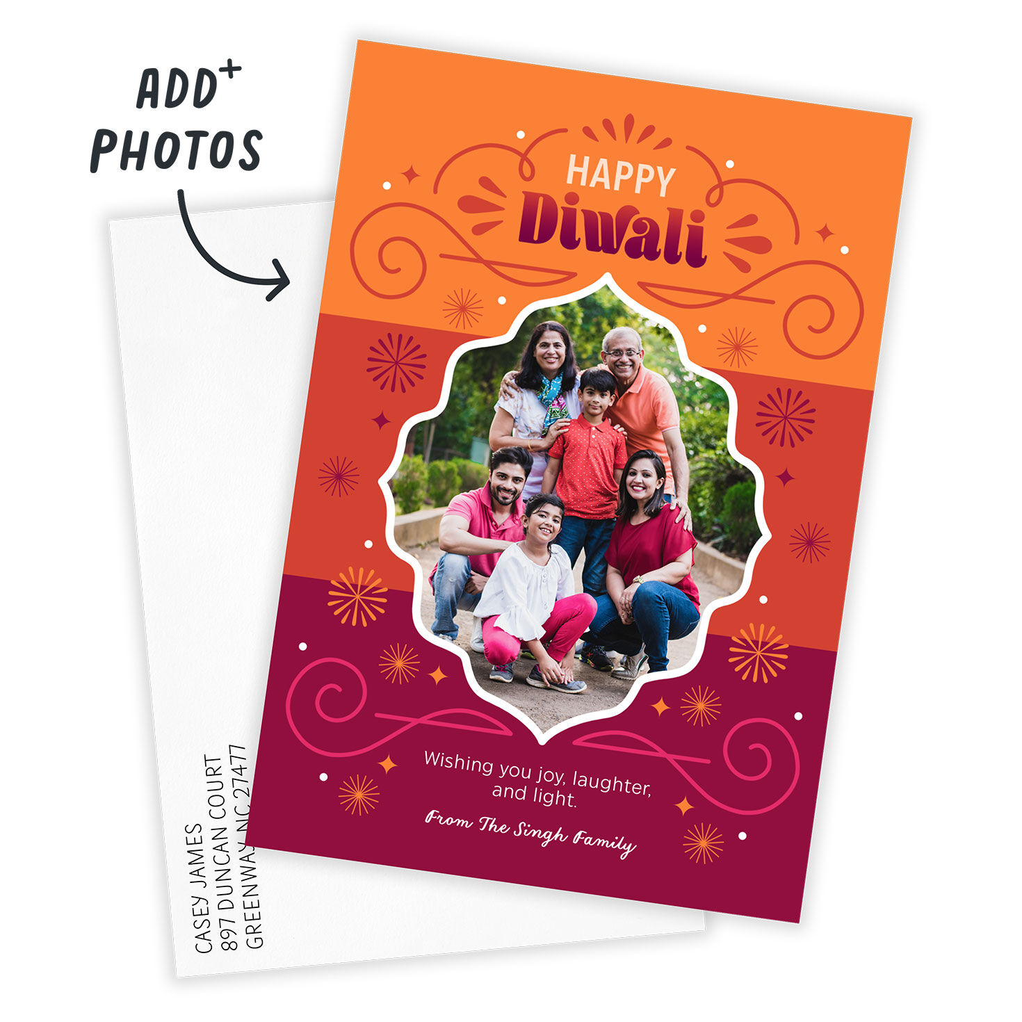 Orange Red Personalized Diwali Photo Card Card Front indicating personalization image number 2