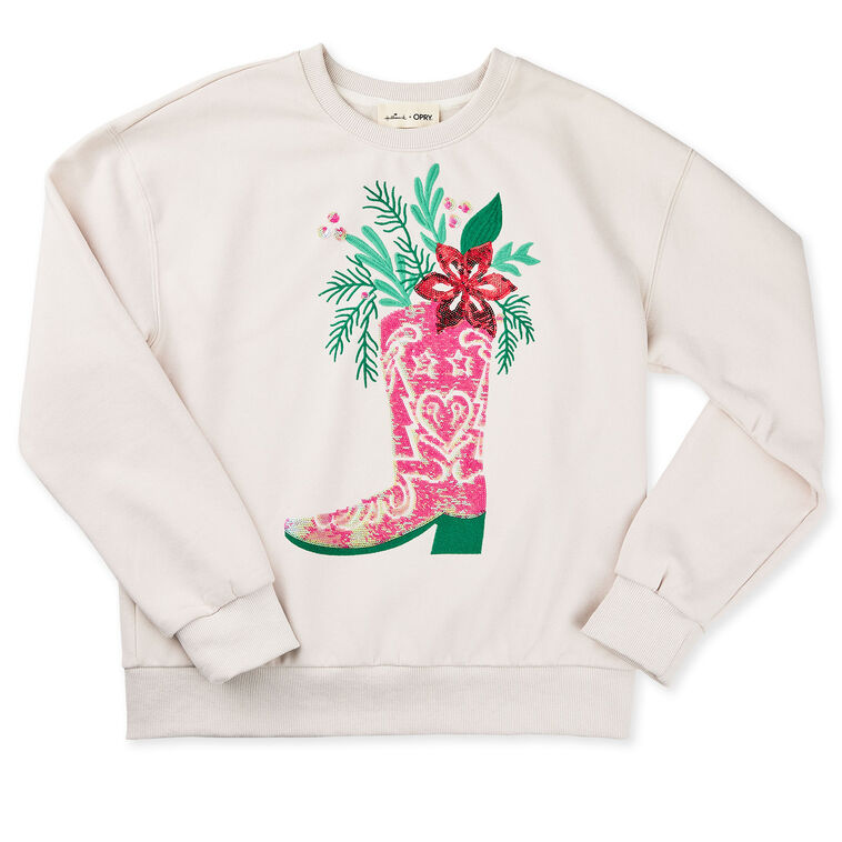 Boot Hallmarks Hallmark x Opry® Sequin Boot Bouquet Women's Cream Fleece Sweatshirt ...