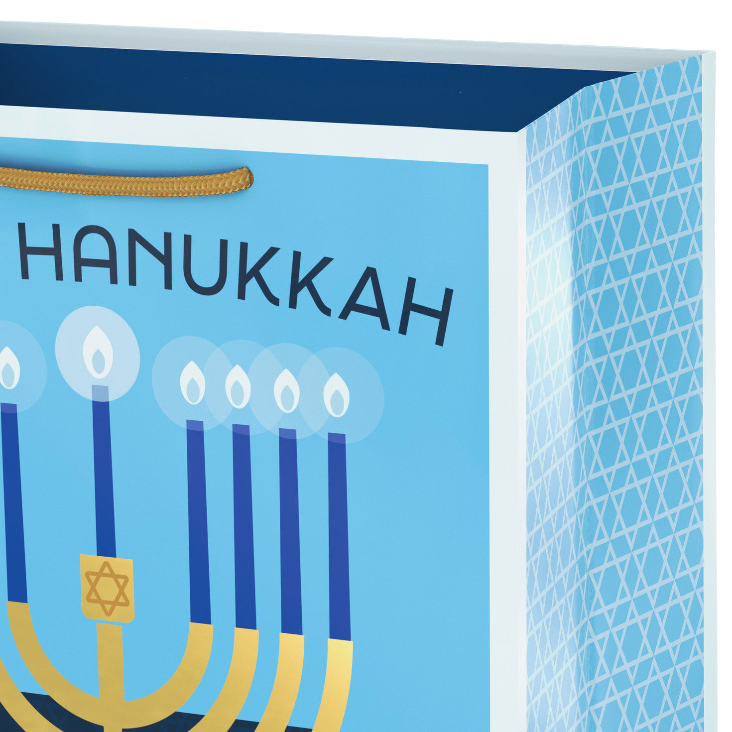 Gold Menorah on Blue Medium Hanukkah Gift Bag Handle Detail image number 4