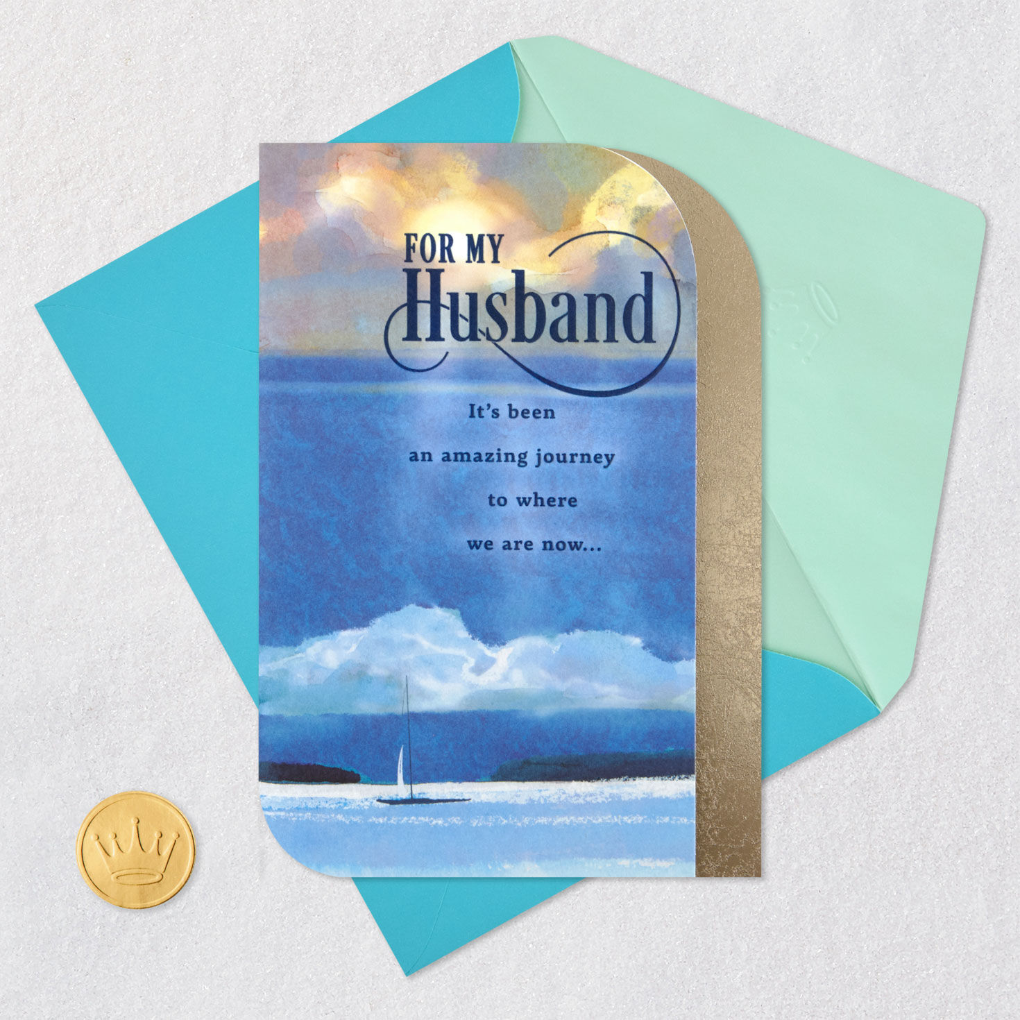 Sailboat in Sea Husband Anniversary Card Card Front with Envelope and Gold Seal image number 6