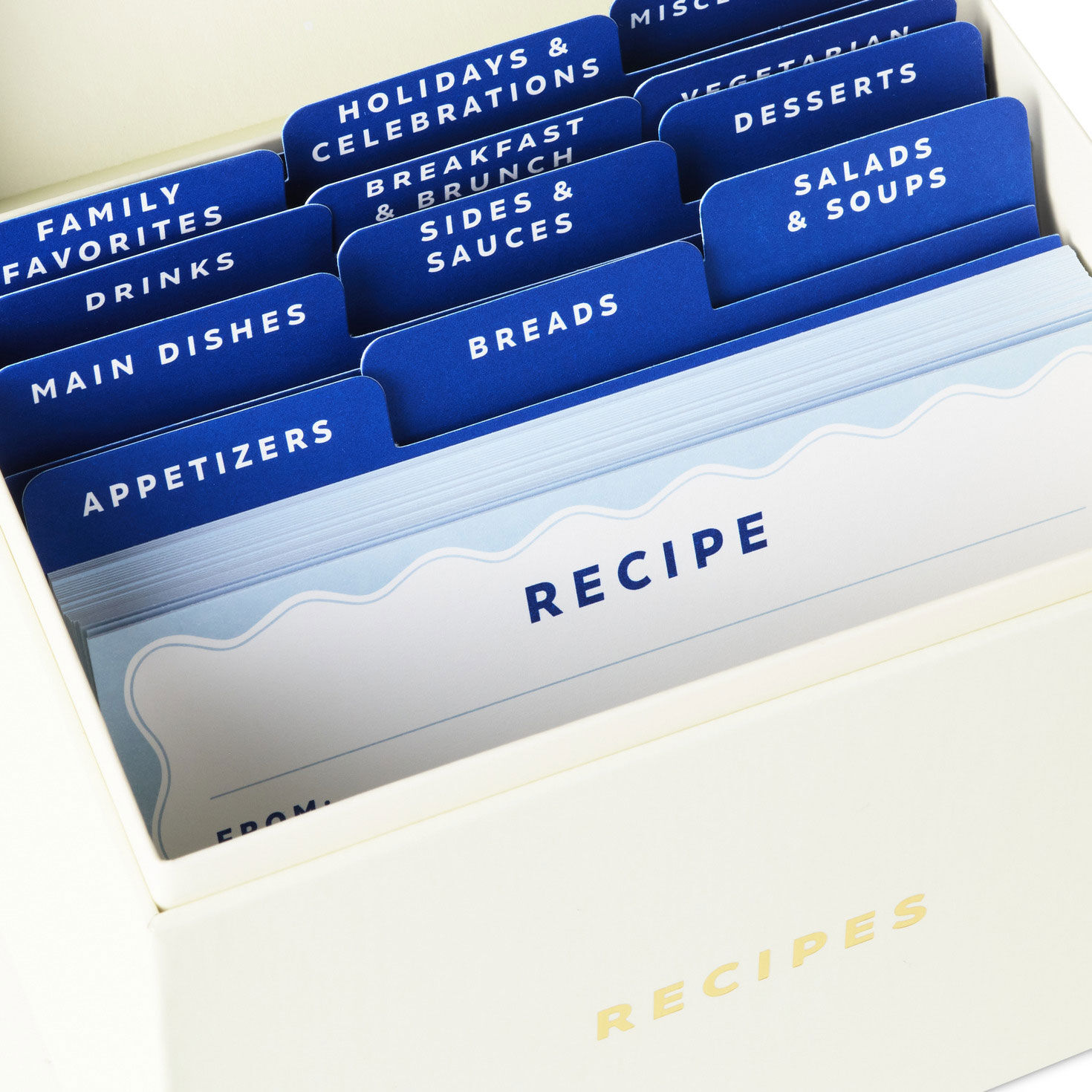 Blue and White Recipe Organizer Box With Recipe Cards upclose view image number 4