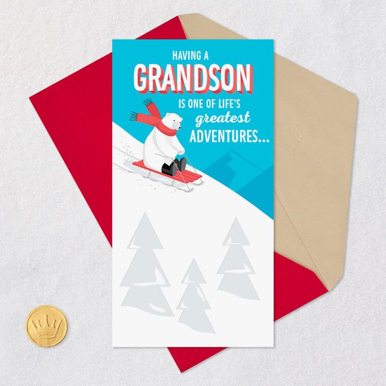 Sledding Polar Bear Christmas Card for Grandson Signing card image number 6