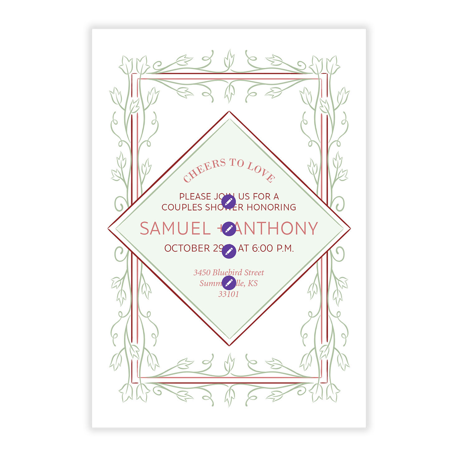 Green Vines Red Borders Personalized Shower Invitation Card Front indicating personalization image number 5