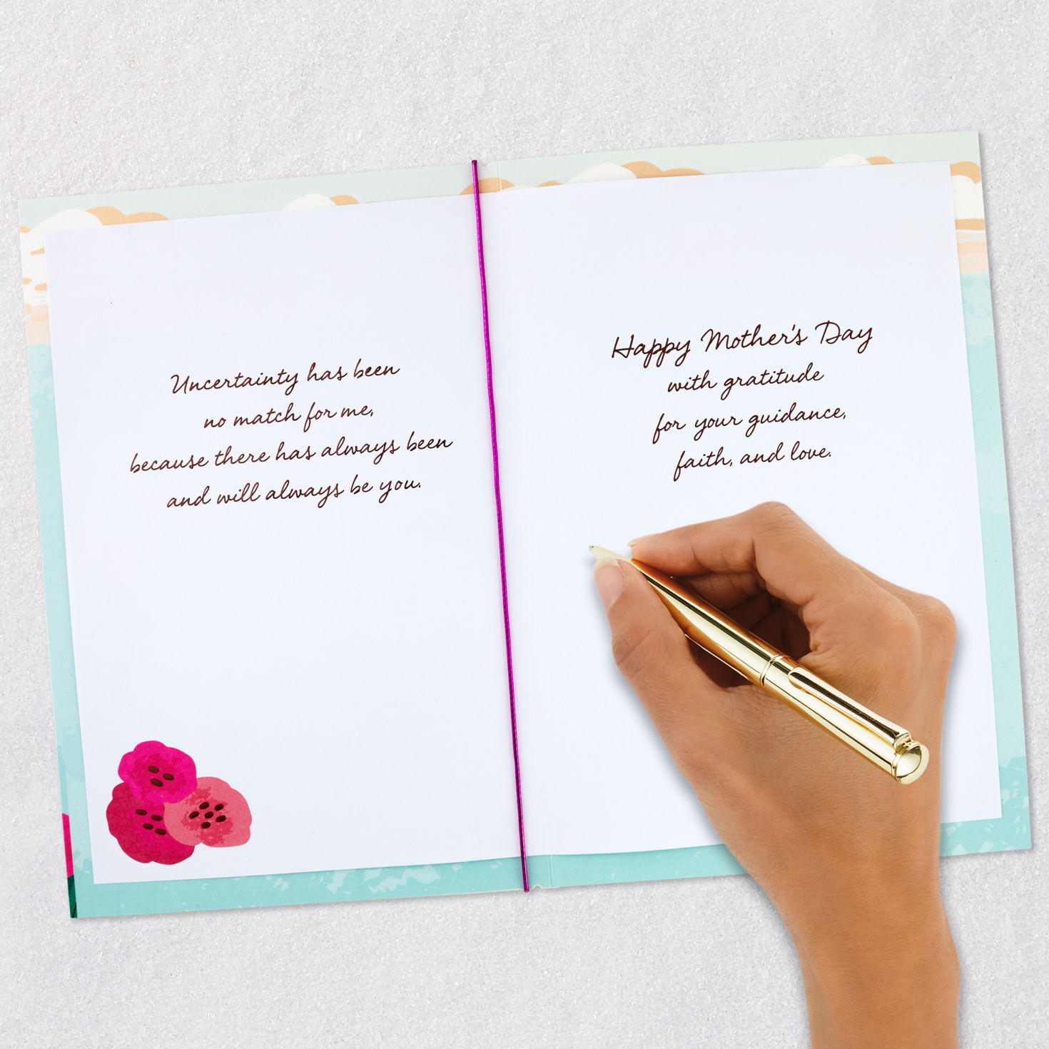 Pink Flowers and Ocean Beach Mom Mother's Day Card Card Back with Envelope image number 7