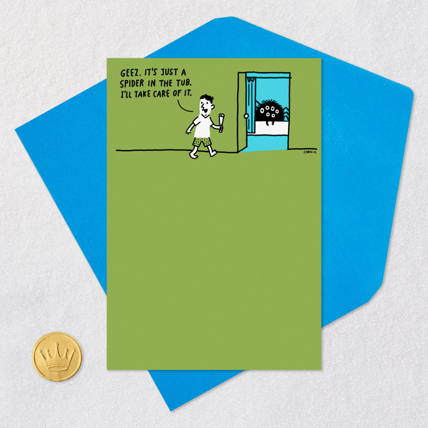 Husband and Giant Spider Funny Father's Day Card Card Front with Envelope and Gold Seal image number 5