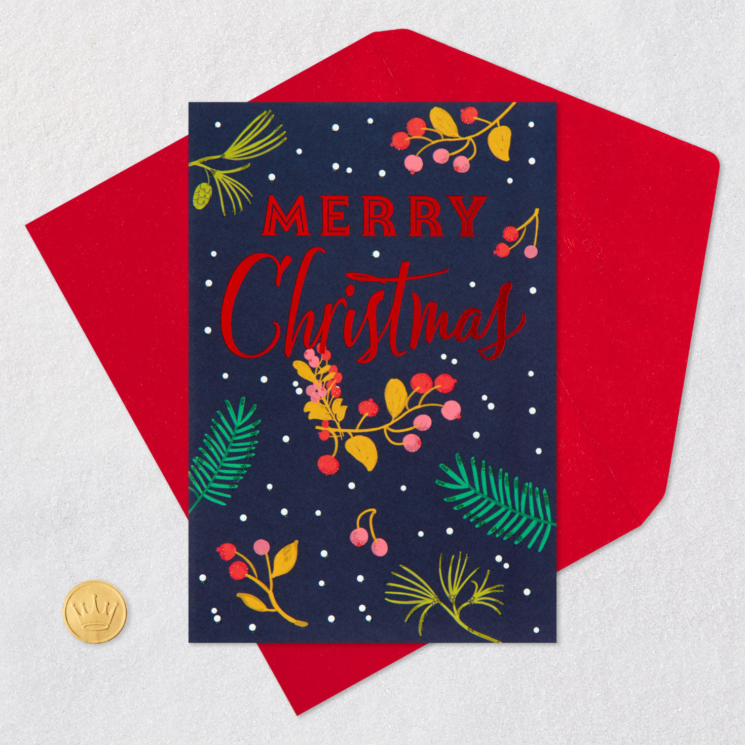 Evergreen and Berries on Blue Christmas Card Card Front with Envelope and Gold Seal image number 5