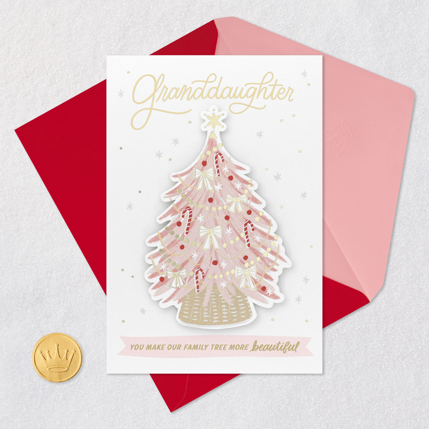 Pink Holiday Tree Granddaughter Christmas Card Card Front with Envelope and Gold Seal image number 6