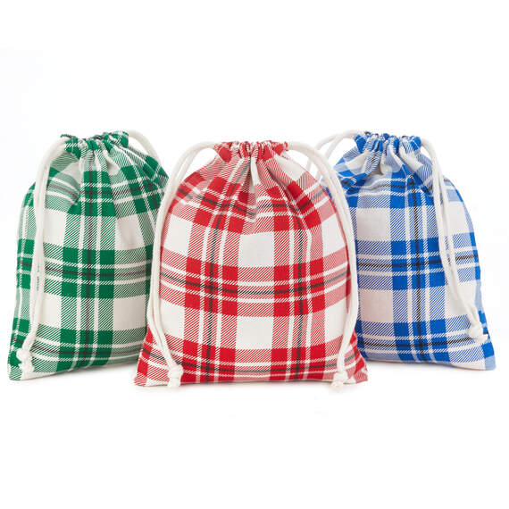 10" Assorted Plaid 3-Pack Fabric Gift Bags, , large image number 1