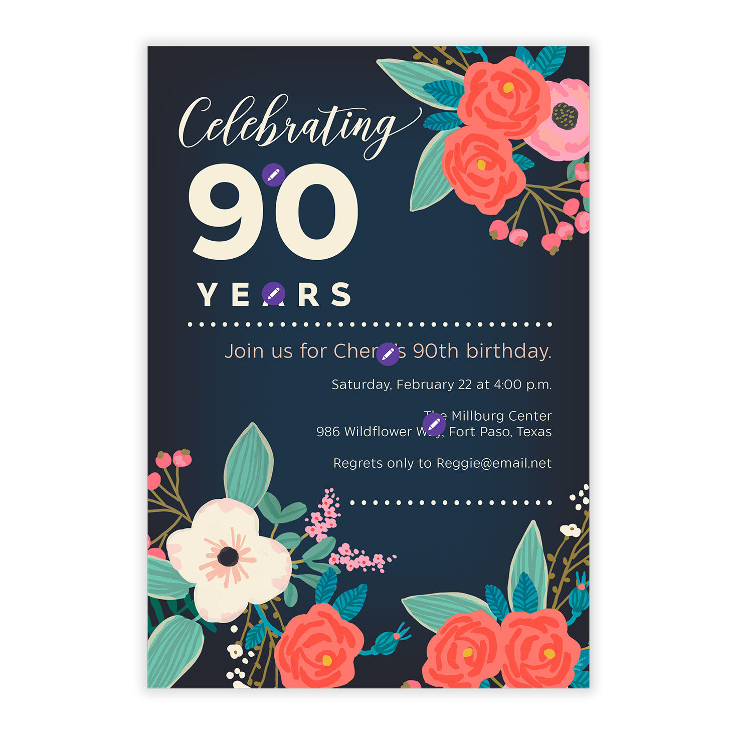 Flower Blossoms on Navy Personalized Party Invite Card Front indicating personalization image number 5
