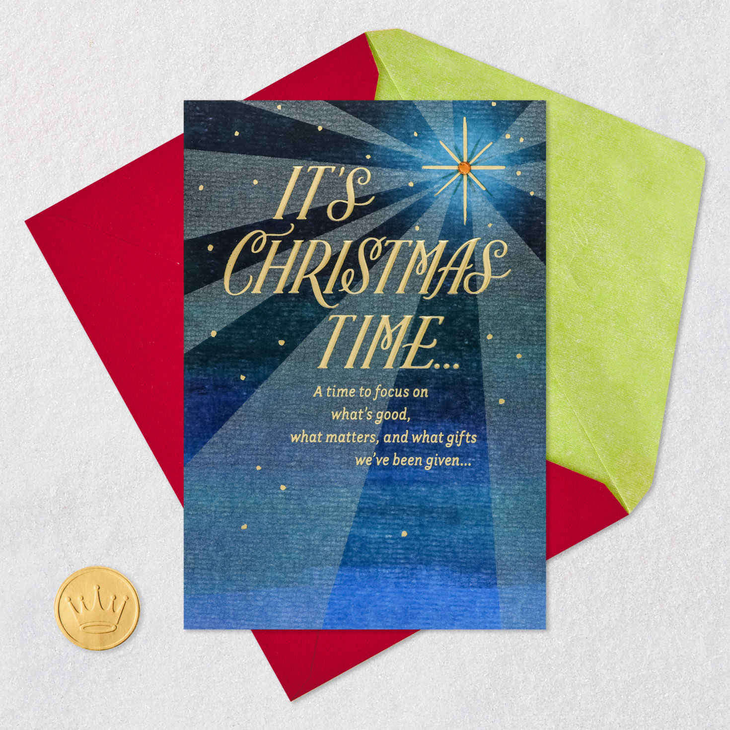 Blue and Gold Starburst Christmas Card Card Front with Envelope and Gold Seal image number 6