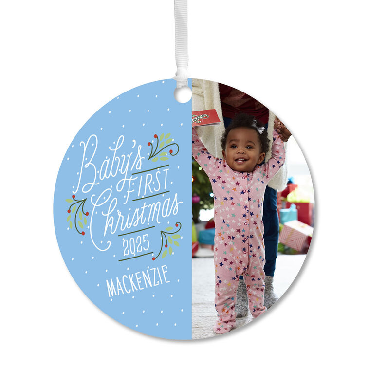 Baby's First Christmas Round Metal Personalized Ornament, Custom Vertical Photo and Text