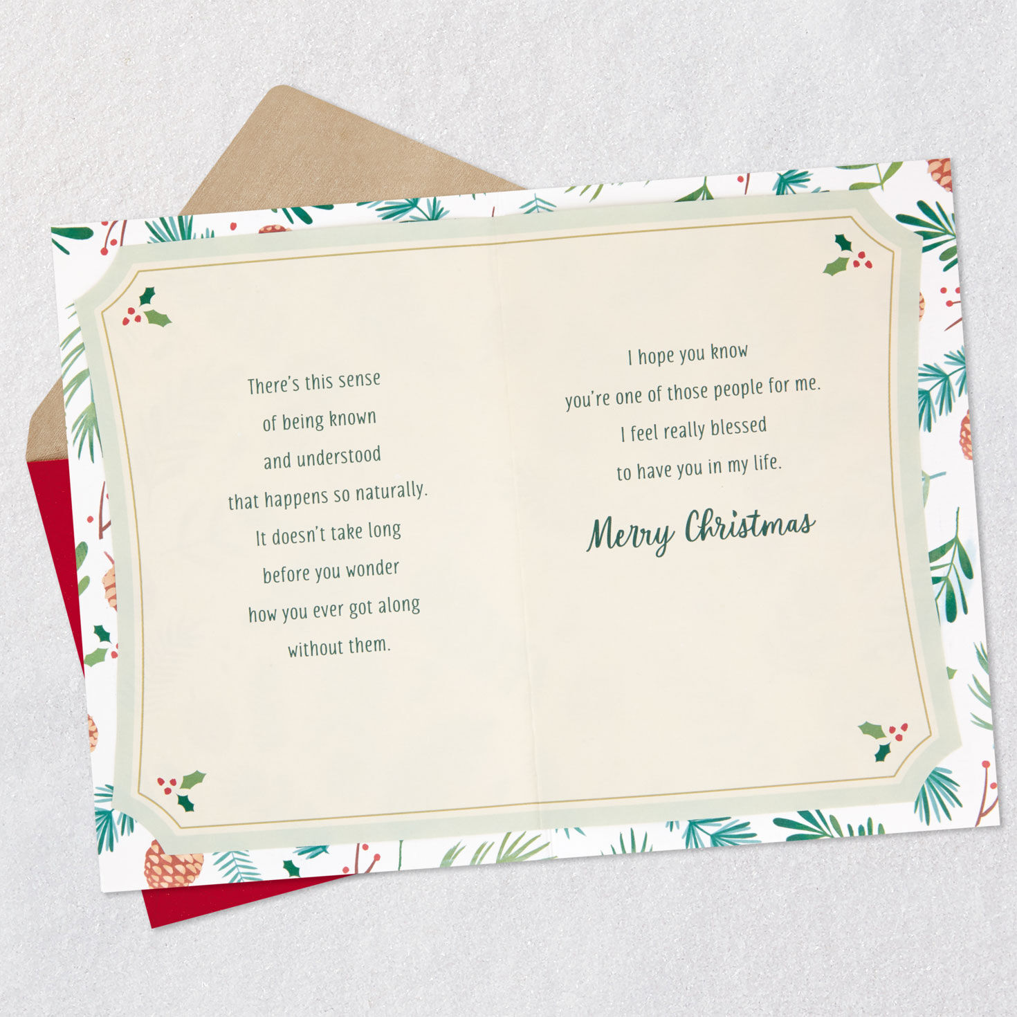 Elegant Pine Cones and Evergreen Sprigs Christmas Card Open card with envelope image number 4