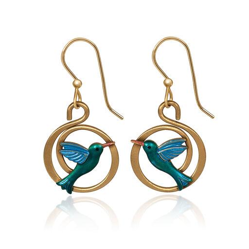 Silver Forest Hummingbird on Gold-Tone Coil Drop Earrings, 