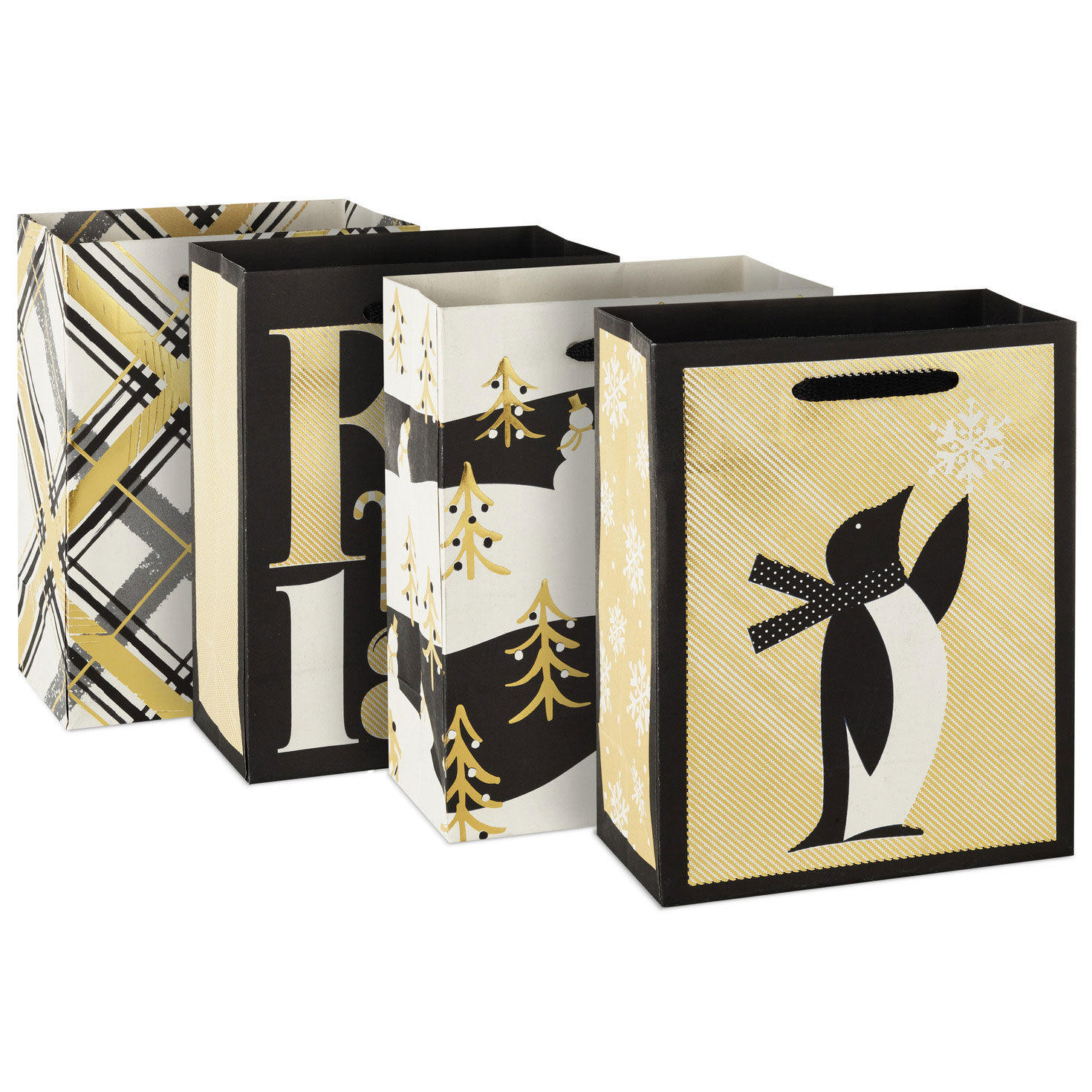 5.7" Black and Gold 4-Pack Assorted Small Christmas Gift Bag Bundle