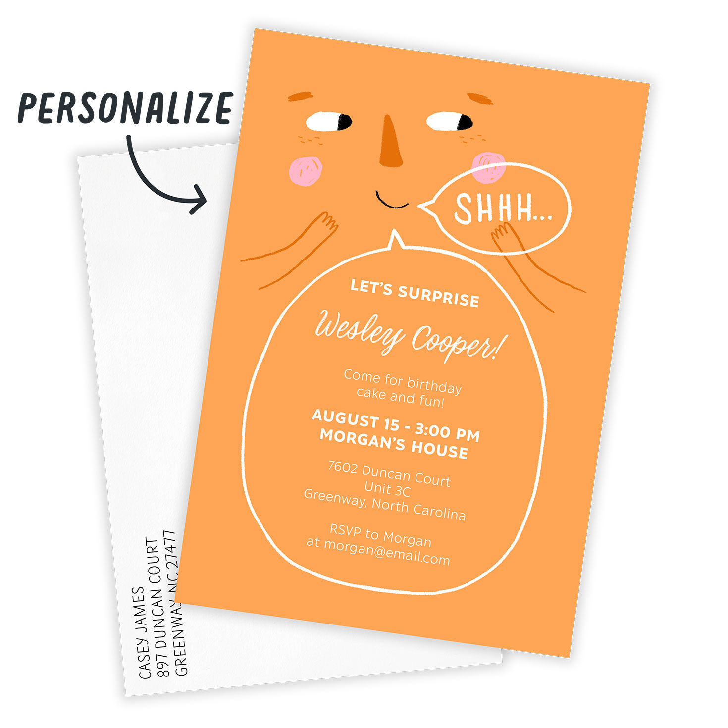 Orange Face Personalized Surprise Party Invitation Card with Envelope indicating personalization image number 2