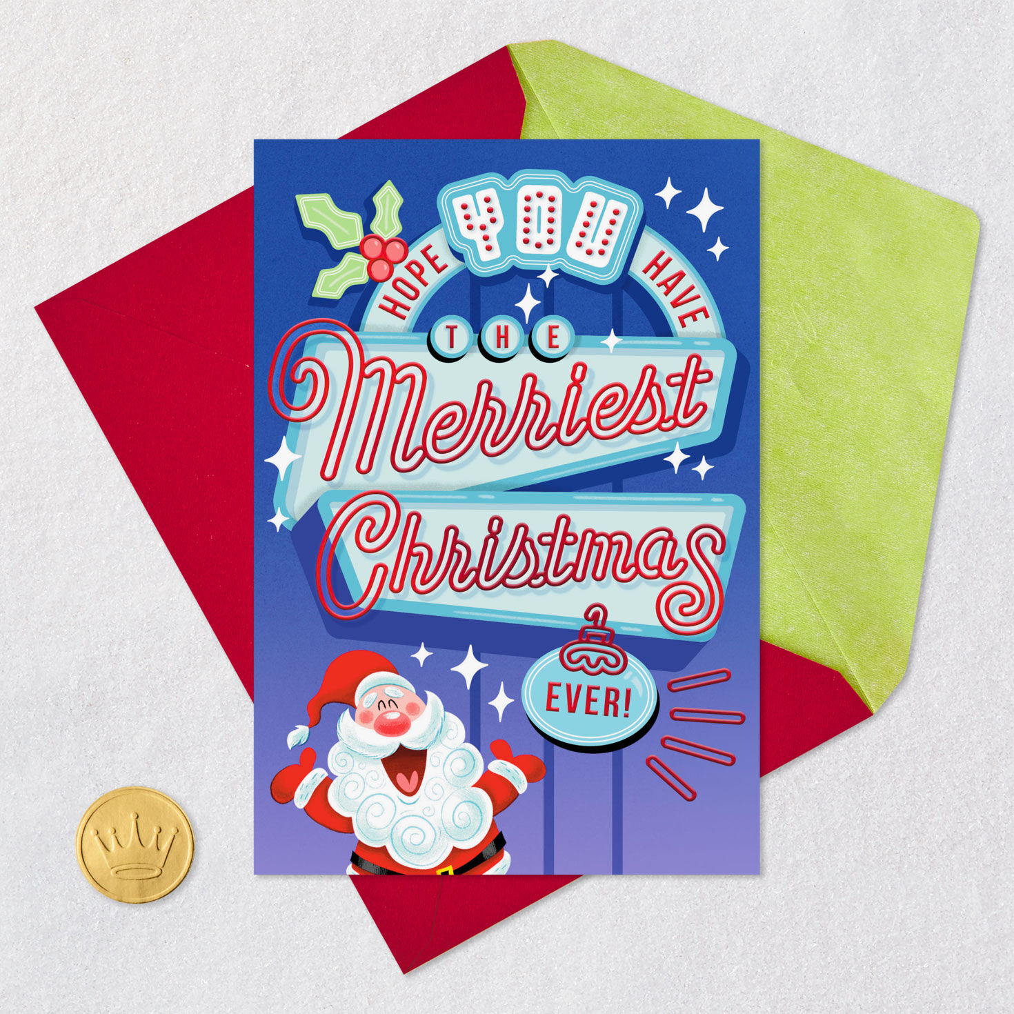 Vegas Sign Santa Claus Funny Christmas Card Card Front with Envelope and Gold Seal image number 5