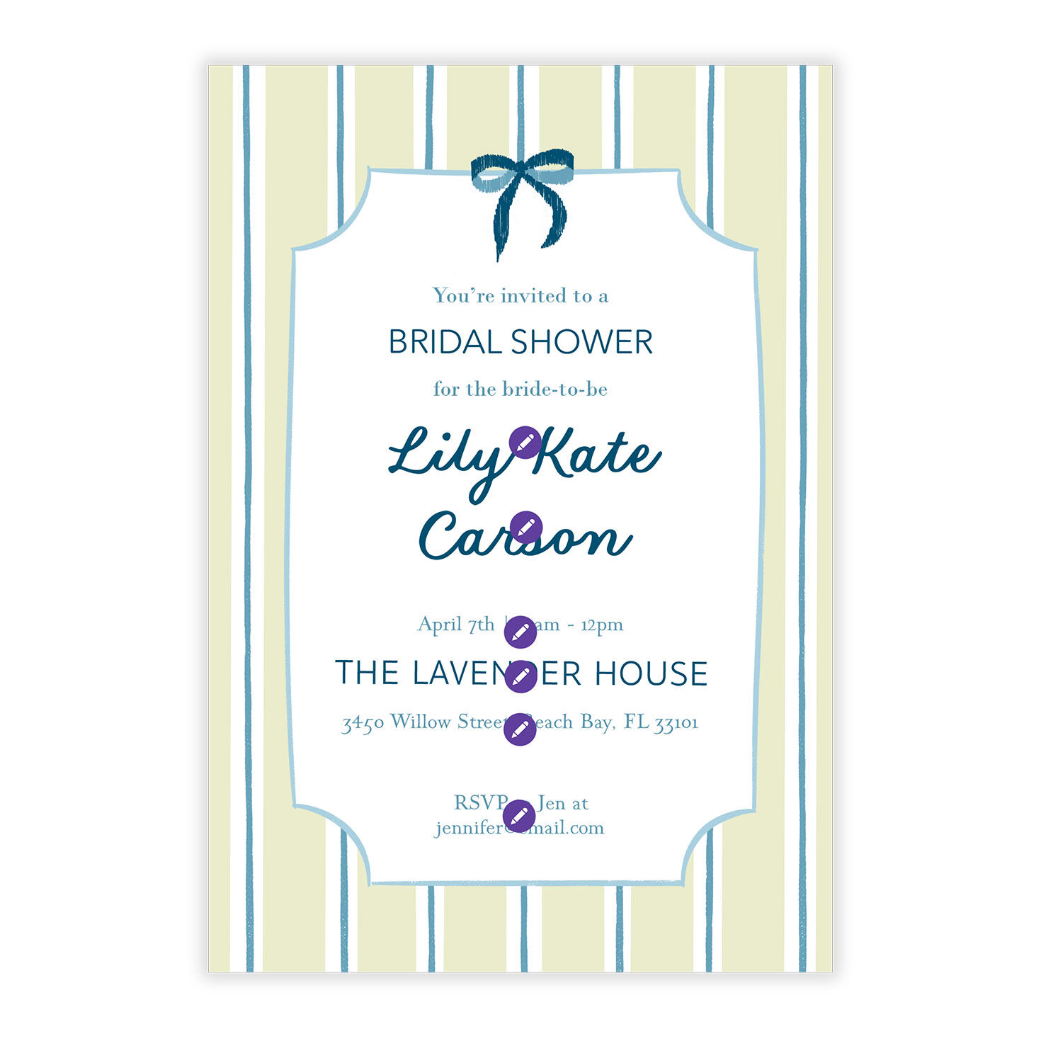 Blue Beige Stripes Personalized Shower Invitation Card Front indicating personalization image number 5