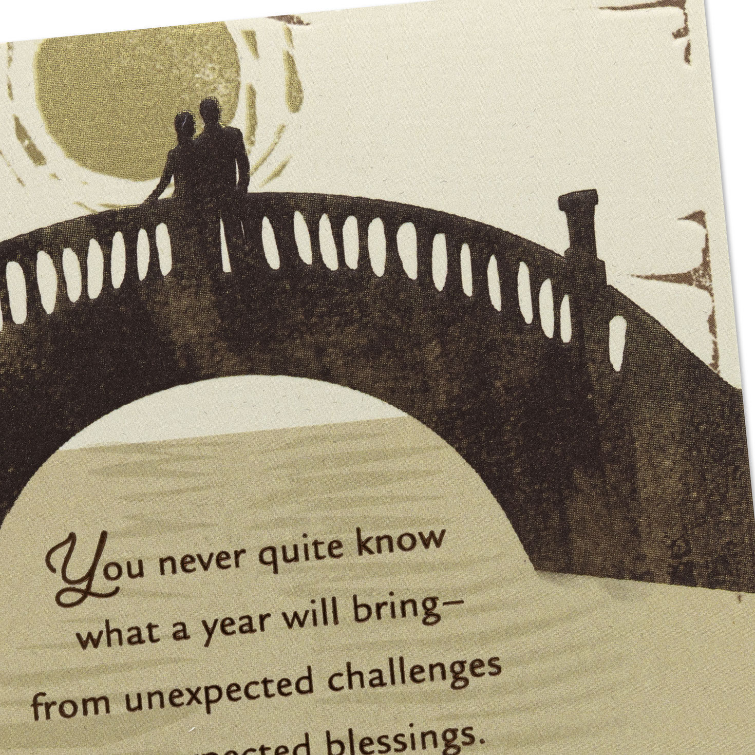 Celebrate a special couple on their anniversary with this unique card from Hallmark featuring an illustrated couple on a bridge and a heartfelt, thoughtful sentiment.  image number 4