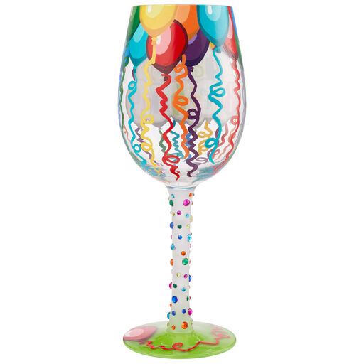 Lolita Happy Birthday Balloons and Streamers Handpainted Wine Glass, 15 oz., 