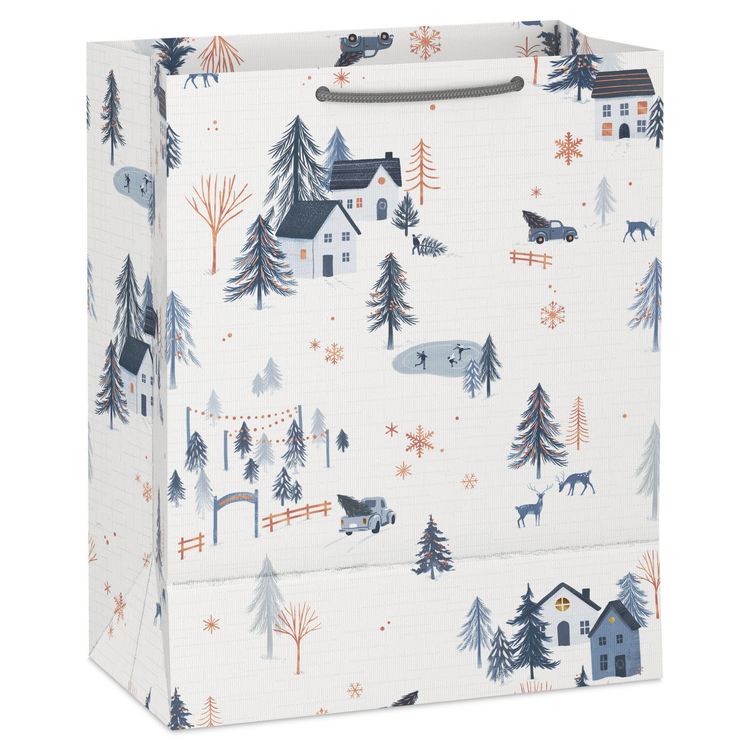 Snowy Blue Village on White Large Holiday Gift Bag Back image number 6