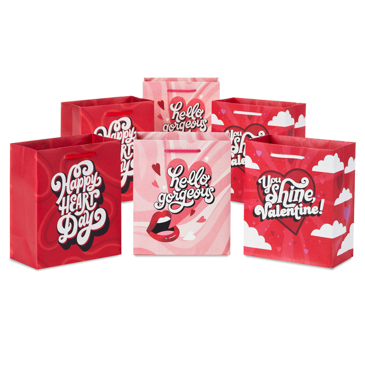 6.5" Pink and Red Retro 6-Pack Assorted Small Gift Bags