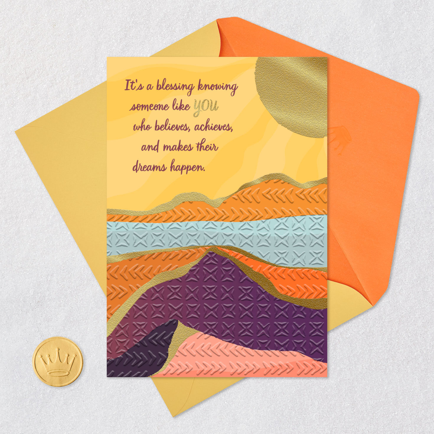 Sun and Abstract Landscape Congratulations Card Card Front with Envelope and Gold Seal image number 5