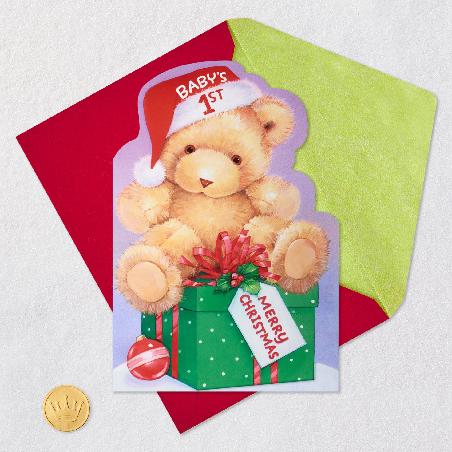 Teddy Bear in Santa Hat Christmas Card for Baby Card Front with Envelope and Gold Seal image number 6
