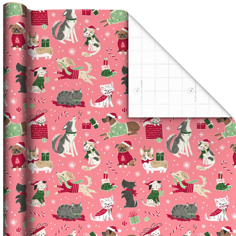Cute Cats and Dogs on Pink Christmas Wrapping Paper Roll, 35 sq. ft.
