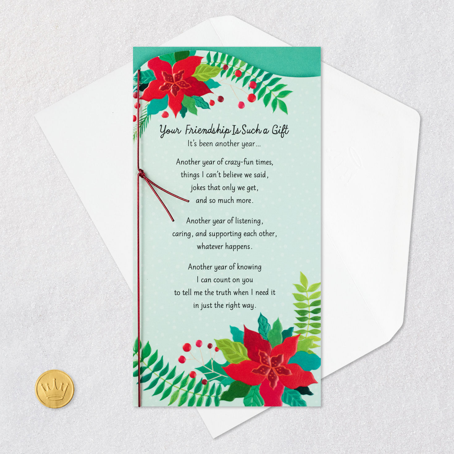 Poinsettias and Holiday Greenery Friend Christmas Card Card Front with Envelope and Gold Seal image number 7