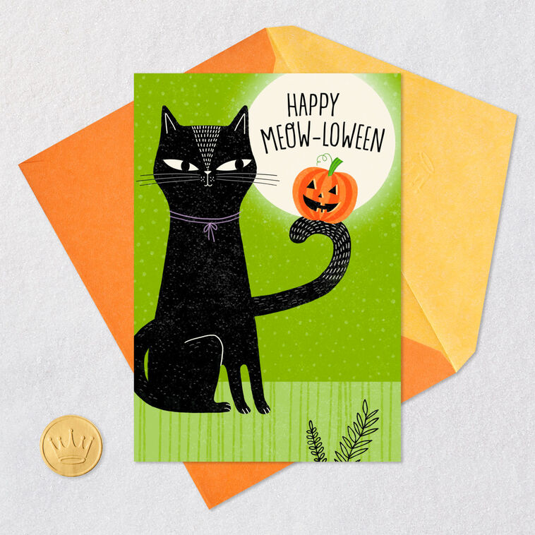 Black Cat and Pumpkin on Green Halloween Card Card Front with Envelope and Gold Seal image number 5