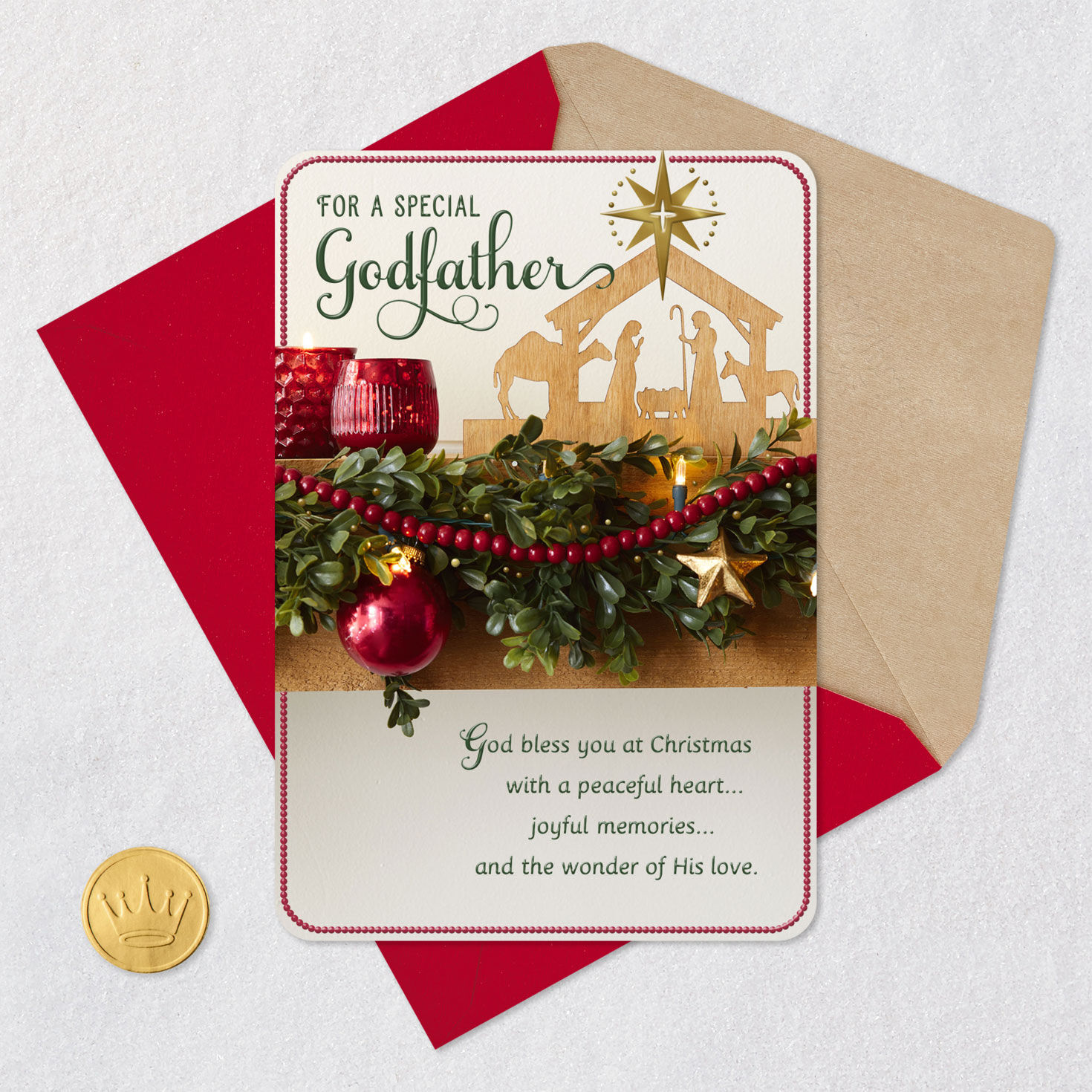 Nativity Religious Christmas Card for Godfather Card Front with Envelope and Gold Seal image number 6