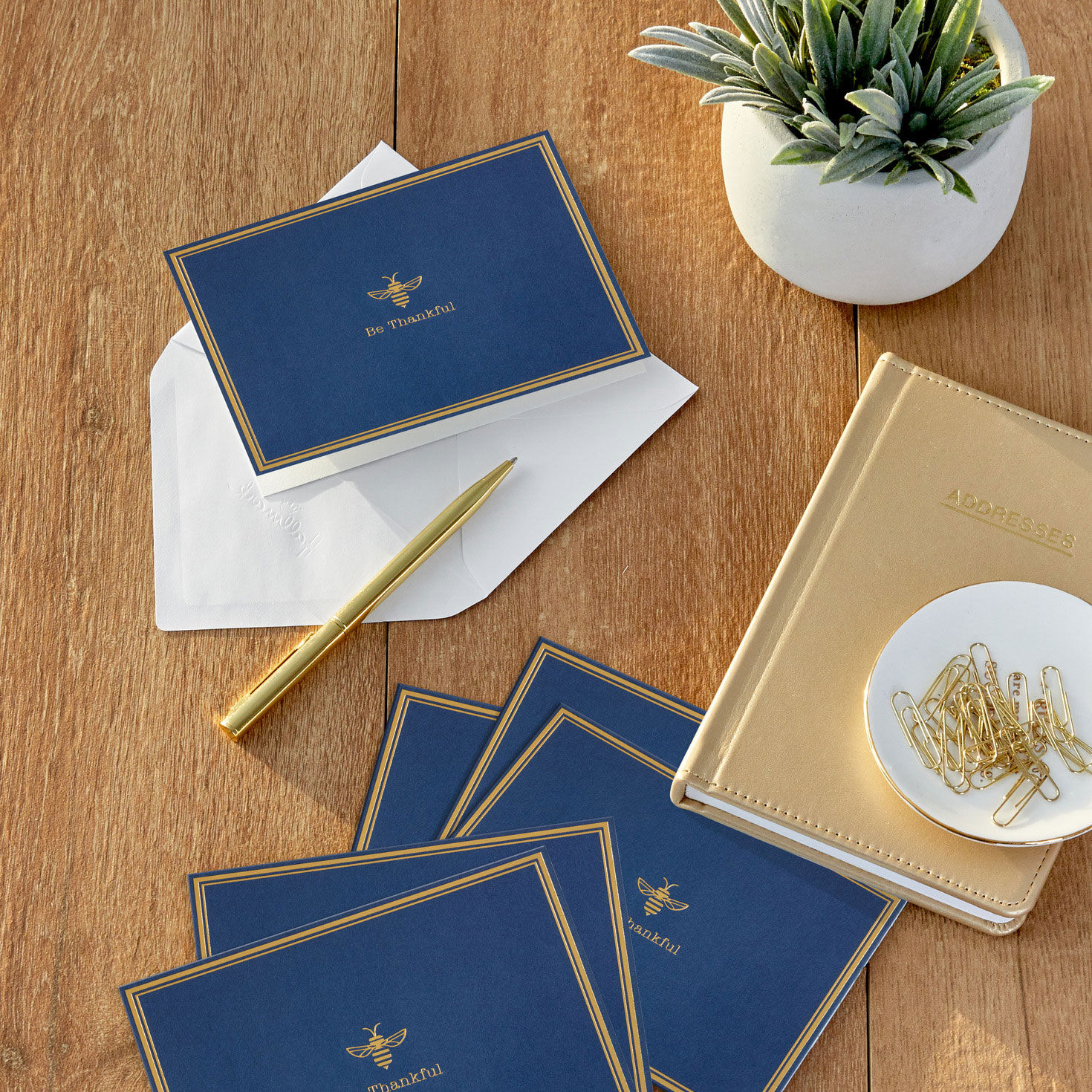 Gold Bee on Dark Blue Thank You Note Cards Pack in use image number 6